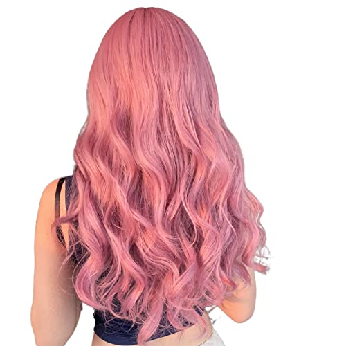 N NAYASA Pink Wigs with Bangs Long Wavy Pink Wigs for Women Synthetic Natural Wavy Wig Heat Resistant Colorful Wigs for Daily Party Cosplay Use 22”