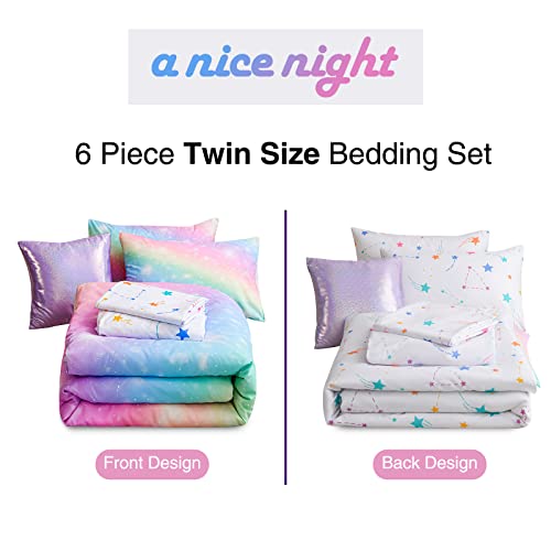 A Nice Night 6Pcs Gradient Glitter Bedding Set for Girls Twin Size, Colorful Rainbow Galaxy Comforter Set, Ultra Soft Bedding Sets, Pink