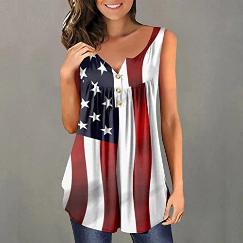 Henley Tank Tops Long Length For Women Loose Fit Flare Shirts USA Flag Print Button Flowy Tunic Top Comfy Summer Blouse Shirt, *A08-wine, XX-Large