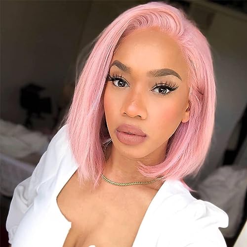 STERGT Pink Wig Human Hair 13X4 lace front Bob Wig Human Hair High Density Brazilian Virgin Hair Pre Plucked With Baby Hair Short Bob Wigs Human Hair Frontal Lace Wigs for Women (12 inch)