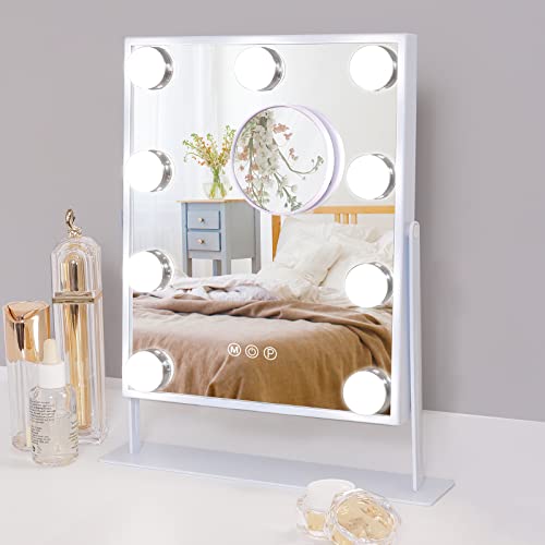 Hansong Vanity Mirror with Lights with 9 LED Bulbs Makeup Mirror with Lights 3 Color Lighting Modes Lighted Vanity Makeup Mirror 360 Degree Rotation White