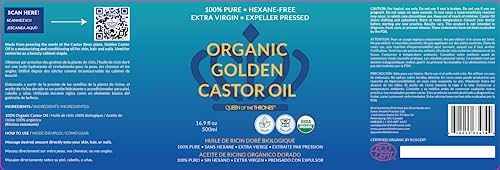 QUEEN OF THE THRONES Organic Golden Castor Oil - 500mL (16.9oz) | 100% Pure & Expeller Pressed for Hair, Skin & Digestion | Hexane Free | USDA Certified