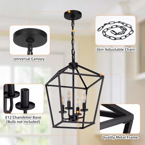 4 Light Chandelier, Industrial Ceiling Light Black Lantern Light Fixtures with Farmhouse Metal Cage Adjustable Height Rustic Geometric Hanging Light E12 Base for Kitchen Island, Entryway, Indoor