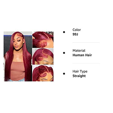 Samrabeauty 99j Burgundy Straight Lace Front Wigs Human Hair 99J 13X4 HD Transparent Lace Frontal Wigs 180% Density Glueless Pre Plucked with Baby Hair Wigs for Women