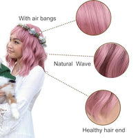 VCKOVCKO Pastel Wavy Wig With Air Bangs Women's Short Bob Purple Pink Curly Shoulder Length Bob Synthetic Daily Use Colorful Cosplay Wig for Girls (12", Purple Pink)