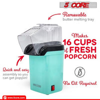 5 Core Hot Air Popcorn Popper Machine 1200W Electric Popcorn Kernel Corn Maker Bpa Free, 95% Popping Rate, 2 Minutes Fast, No Oil-Healthy Snack for Kids Adults, Home, Party, Gift POP G