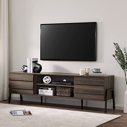 WAMPAT Mid-Century Modern TV Stand for TVs up to 75 inch Flat Screen Wood TV Console Media Cabinet with Storage, Home Entertainment Center in Brown for Living Room Bedroom, 70 inch