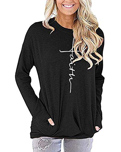AELSON Women's Casual Faith Printed Round Neck Sweatshirt T-Shirts Tops Blouse with Pocket