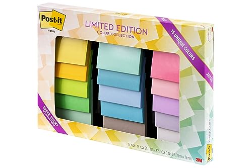 Post-it Super Sticky Notes, Limited Edition Color Collection, 3x3 in, 15 Pads/Pack, 45 Sheets/Pad