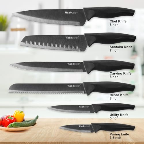 Wanbasion Black Stainless Steel Knife Set, Sharp Kitchen Knife Set Professional, Kitchen Knife Set Dishwasher Safe with Covers for Cooking