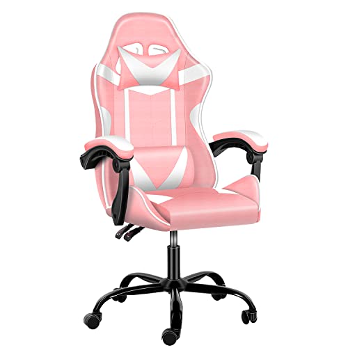 Pink Gaming Chair, Big and Tall Gamer Chair, Racing Style Adjustable Swivel Office Chair, Ergonomic Video Game Chairs with Headrest and Lumbar Support