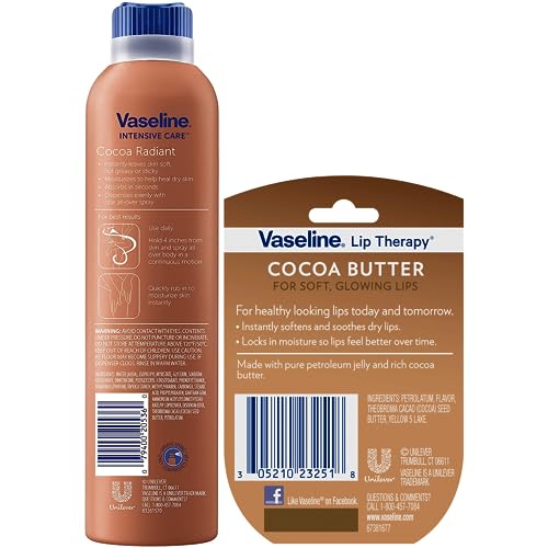 Vaseline Cocoa Radiant Lotion Set + Mini Vaseline Lip Therapy, Cocoa Butter Lotion Spray Moisturizer, Vaseline Intensive Care Lotion, Vaseline Lip Balm (3 Piece Set)