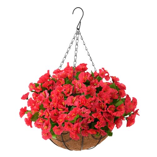 Homsunny Artificial Morning Glory Flowers in Basket,Silk Flower with 12 inch Flowerpot Centerpieces,Fake Hanging Plants in Coconut Lining Baskets for Outdoors Indoors Courtyard Porch Decor (Rose red)