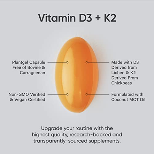 Sports Research Vitamin D3 K2 with 5000iu of Vegan D3 & 100mcg of Vitamin K2 as MK7 | Non-GMO Verified, Vegan Certified, Gluten & Soy Free - 60 Liquid Softgels