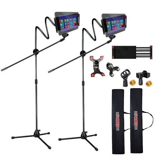 5 Core Microphone Stand Pair + Phone Holder Floor Boom Mic Stand Gooseneck + Tablet Holder Collapsible Adjustable Tripod Mic Stand w Two Mic Clips + Carry Bag for Singing Karaoke Studio Parties MS MOB