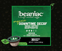 beaniac Organic Downtime Decaf Swiss Water Decaffeinated, Medium Roast, Single Serve Compostable K Cup Coffee Pods, Organic Arabica Coffee, Keurig Brewer Compatible, 30 Count