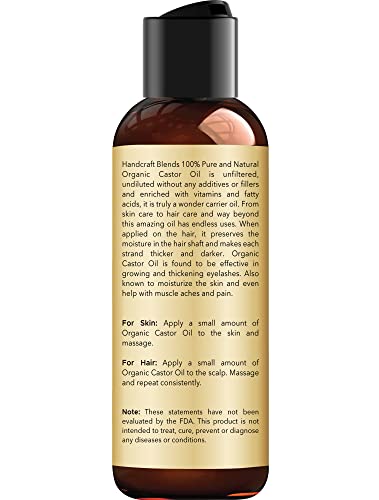 Handcraft Blends Organic Castor Oil for Hair Growth, Eyelashes and Eyebrows - 100% Pure and Natural Carrier Oil, Hair Oil and Body Oil - Moisturizing Massage Oil for Aromatherapy - 4 fl. Oz