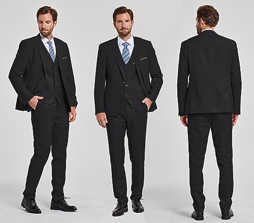 MYS Men's Blazer Vest Pants Set, Solid Party Wedding Dress, One Button Jacket Waistcoat and Trousers, 3 Piece Slim Fit Suit with Tie Black