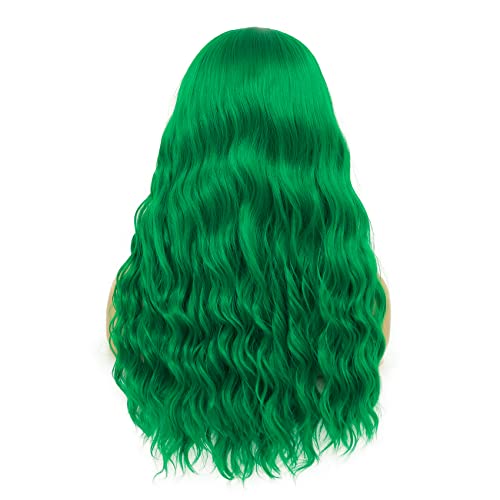 Beweig Long Curly Wavy Green Wig for Women Middle Part Costume Cosplay Wig Synthetic Hair Replacement Wig