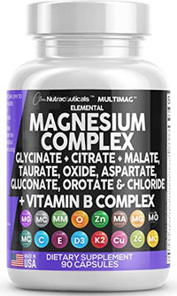 Magnesium Complex 2285mg with Glycinate Citrate Malate Oxide Taurate Aspartate Gluconate Orotate & Mag Chloride, Zinc Copper Manganese Vitamin C B1 B2 B6 B12 - 90 Count Made in USA