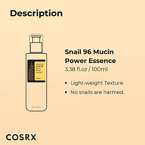 COSRX Snail Mucin 96% Power Repairing Essence 3.38 fl.oz 100ml, Hydrating Serum for Face with Snail Secretion Filtrate for Dull Skin & Fine Lines, Korean Skincare