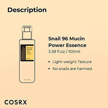 COSRX Snail Mucin 96% Power Repairing Essence 3.38 fl.oz 100ml, Hydrating Serum for Face with Snail Secretion Filtrate for Dull Skin & Fine Lines, Korean Skincare