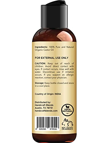 Handcraft Blends Organic Castor Oil for Hair Growth, Eyelashes and Eyebrows - 100% Pure and Natural Carrier Oil, Hair Oil and Body Oil - Moisturizing Massage Oil for Aromatherapy - 4 fl. Oz