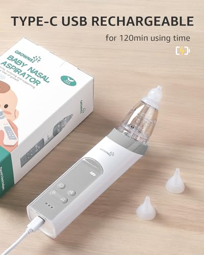 GROWNSY Nasal Aspirator for Baby, Electric Nose Aspirator for Toddler, Baby Nose Sucker, Automatic Nose Cleaner with 3 Silicone Tips, Adjustable Suction Level, Music and Light Soothing Function