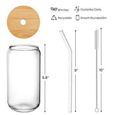 [ 8pcs Set ] Drinking Beer Glasses with Bamboo Lids and Glass Straw - 16oz Can Shaped Glass Cups, Iced Coffee Glasses, Cute Tumbler Cup, Ideal for Cocktail, Whiskey, Gift - 2 Cleaning Brushes