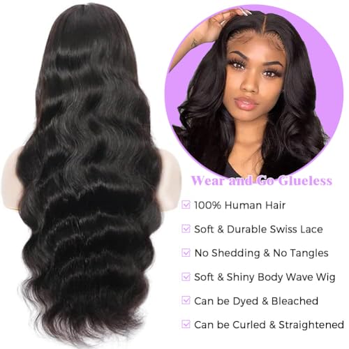 13x6 Lace Front Wigs Human Hair Pre Plucked 180% Density Wear and Go Glueless HD Transparent Lace Frontal Wigs Human Hair Body Wave Wigs for Black Women Natural Hairline with Baby Hair 24 Inch