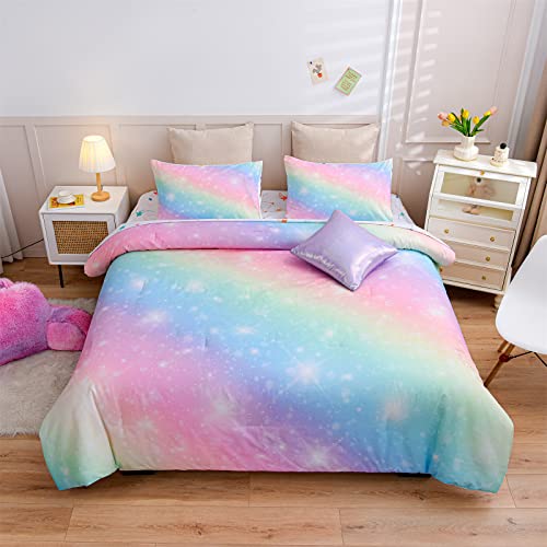 A Nice Night 6Pcs Gradient Glitter Bedding Set for Girls Twin Size, Colorful Rainbow Galaxy Comforter Set, Ultra Soft Bedding Sets, Pink