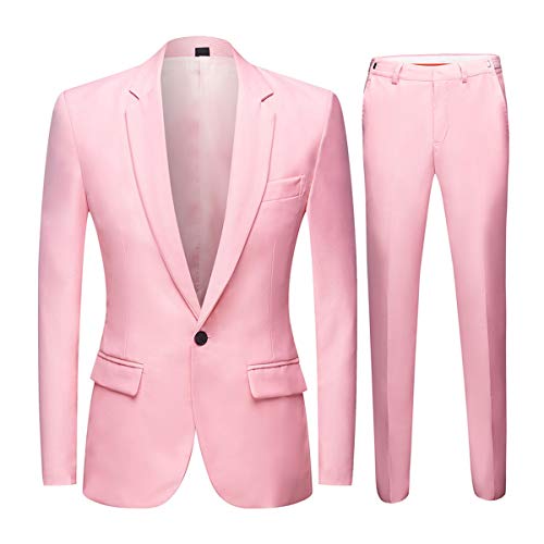 Cloudstyle Men's Suit Single-Breasted One Button Center Vent 2 Pieces Slim Fit Formal Suits (Pink, Medium)