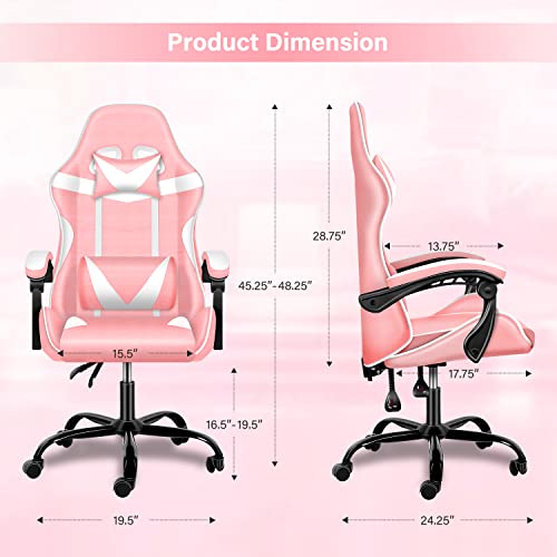 Pink Gaming Chair, Big and Tall Gamer Chair, Racing Style Adjustable Swivel Office Chair, Ergonomic Video Game Chairs with Headrest and Lumbar Support