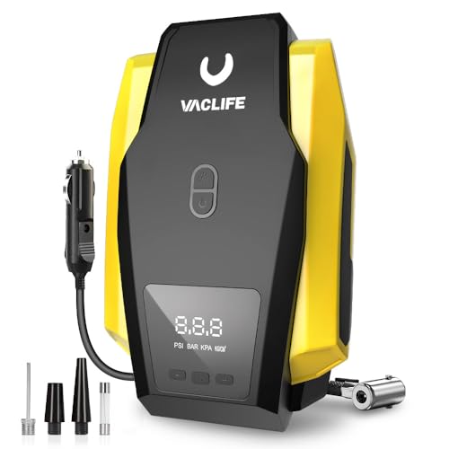 VacLife Portable Air Compressor - Air Pump for Car Tires (up to 50 PSI), 12V DC Tire Pump for Bikes (up to 150 PSI) w/ LED Light, Digital Pressure Gauge, Model: ATJ-1166, Yellow (VL701)