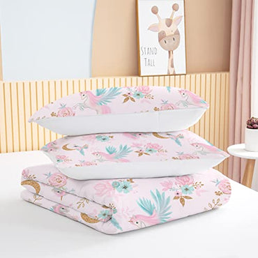 BEDMUST Unicorn Comforter Set King - Soft Cute Pink Unicorn Bedding Set with Flowers Leaves and Blue Birds Print Pattern 3 Piece Unicorn Bed Set for Teen Women Aldults (King, Gold Moon)