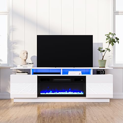 Cozy Castle Fireplace TV Stand for TV up to 75", High Gloss TV Entertainment Center with 30" Electric Fireplace, LED TV Console Table for Living Room, White