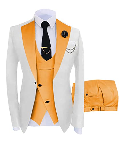 Men's Suits Slim Fit 3 Pieces Notch Lapel Formal Groomsmen Tuxedos for Wedding (Blazer+Vest+Pant)(White-Gold,42)