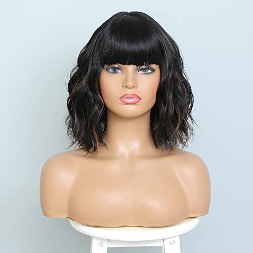 Elfairy Short Wig with Bangs for Women Black Mixed Brown Highlights Wig Natural Looking Synthetic Hair Replacement Wig(12'' Brown Highlights Wig)