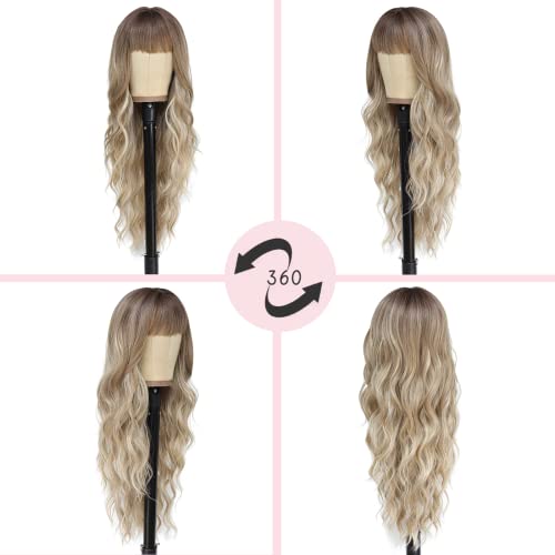 NAYOO Long Dirty Blonde Wigs with Bangs for Women Curly Wavy Hair Wigs Heat Resistant Synthetic Fiber Wigs for Daily Party Use 26 Inches (Dirty Blonde)