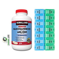 Kirkland Signature Extra Strength Glucosamine Extra Strength HCl with MSM, 375 Tablets Bundled with AM/PM Weekly Pill Planner, 7.5" (1)