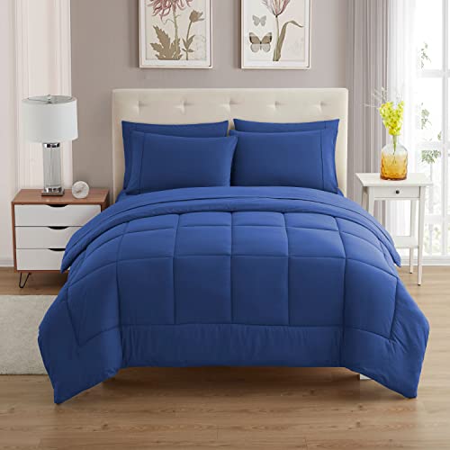 Sweet Home Collection 5 Piece Comforter Set Bag Solid Color All Season Soft Down Alternative Blanket & Luxurious Microfiber Bed Sheets, Royal Blue, Twin
