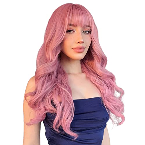 N NAYASA Pink Wigs with Bangs Long Wavy Pink Wigs for Women Synthetic Natural Wavy Wig Heat Resistant Colorful Wigs for Daily Party Cosplay Use 22”