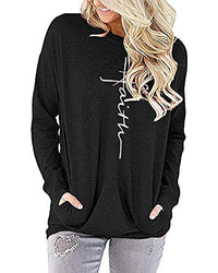 AELSON Women's Casual Faith Printed Round Neck Sweatshirt T-Shirts Tops Blouse with Pocket