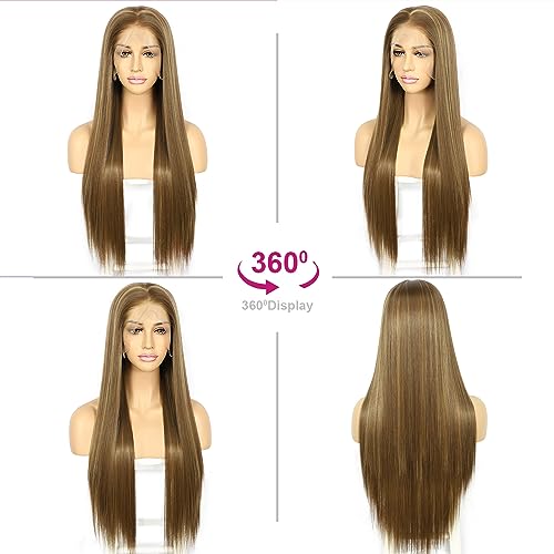 Sapphirewigs 13×6 Brown Synthetic Lace Front Wigs for Women Long Straight Highlight Natural Brown Soft Heat Resistant Fiber Hair Replacement Wig Kanekalon Futura Hair Natural Looking Daily Wigs 26Inch