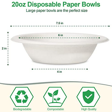 Paper Bowls Disposable 20 oz, 150 Pack Compostable Paper Bowls, Heavy Duty Disposable Bowls for Hot Soup, Salad, Ice Cream, Biodegradable Bowls Made Of White Sugarcane