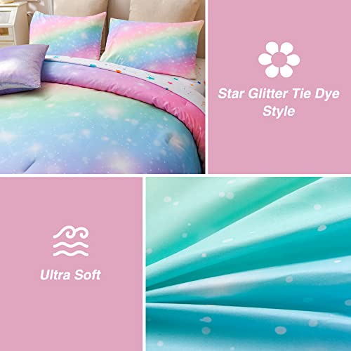 A Nice Night 6Pcs Gradient Glitter Bedding Set for Girls Twin Size, Colorful Rainbow Galaxy Comforter Set, Ultra Soft Bedding Sets, Pink