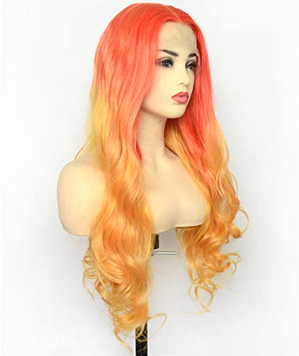 BLUPLE Red Orange Lace Front Wigs Ombre Yellow Mixed Color Long Natural Wavy Half Hand Tied Synthetic Hair Replacement Wigs 24 Inch for Women Party Show