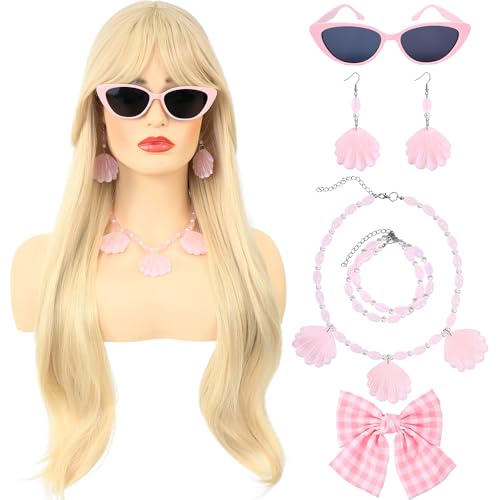 morvally Long Blonde Wig with Bangs for Women Wavy Synthetic Hair Wigs for Girls Cosplay Costume Halloween Party Daily Wear Including Shell Necklace Bracelets Earrings Sunglasses and Bow Hair Clip