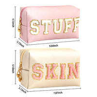 Vorey 2PCS Preppy Makeup Bag for Women Travel Toiletry Bag Chenille Letter Cosmetic Bag PU Leather Waterproof Pouch Cute Zipper Organizer, Stuff and Skin