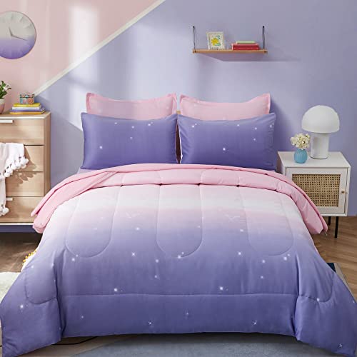 Girls Comforter Set Twin Size 6 Pieces Bed in A Bag Colorful Ombre Pink Purple Rainbow Bedding Set for Kids Teen (1 Comforter, 1 Flat Sheet, 1 Fitted Sheet, 1 Pillow sham, 2 Pillowcases)